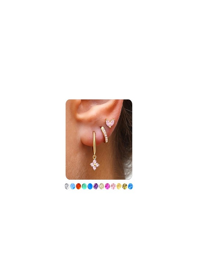MOZAKA 3 Pairs Dainty Gold Birthstone Earrings Set for Multiple Piercing 14k Gold Plated Hypoallergenic Cartilage Small Hoop Stud Earrings Set for Women Birthday Gifts (OCTOBER Pink Tourmaline) - Image 1